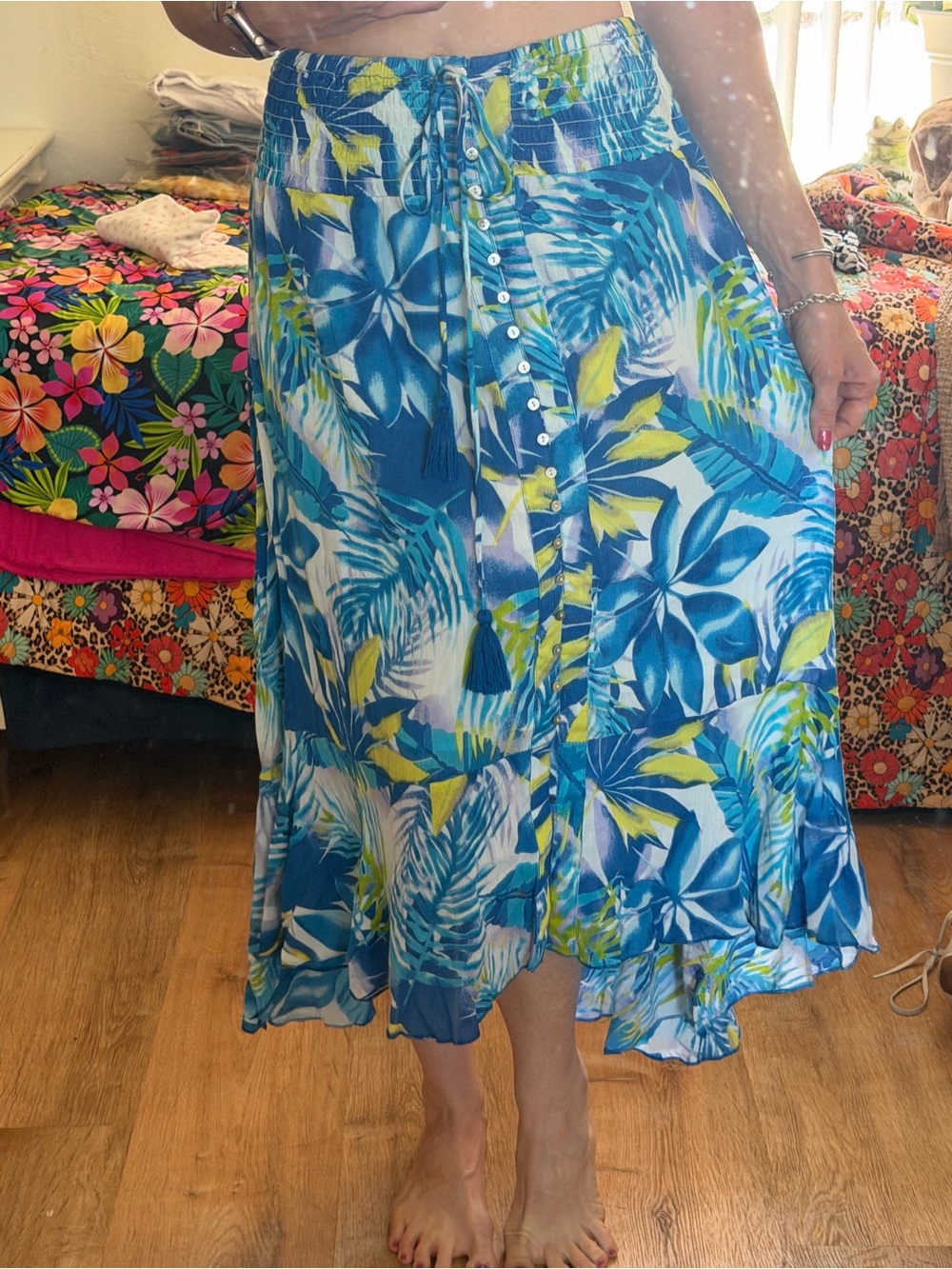 Blue Tropical Tie-Front Midi Skirt Life Style Brand Hawaiian Skirt